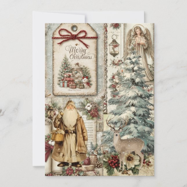 Whimsical Rustic Vintage Santa  Christmas Card (Front)