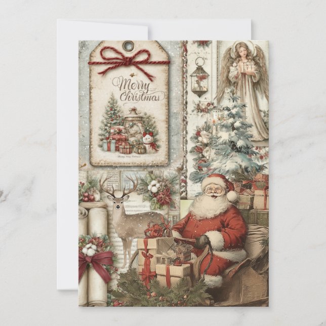 Whimsical Rustic Vintage Santa  Christmas Card (Front)