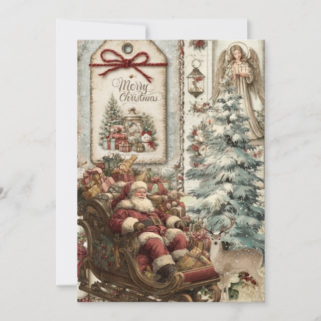 Whimsical Rustic Vintage Santa  Christmas Card (Front)