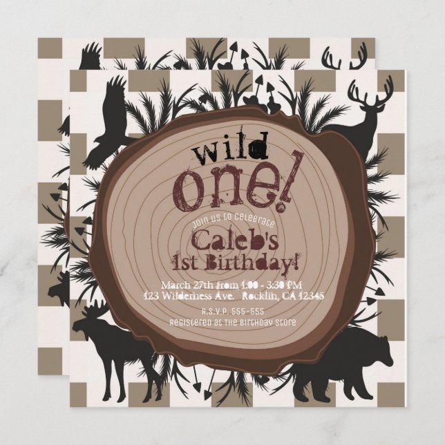 Whimsical Rustic Wilderness Woodland Animals 1st Invitation (Front/Back)