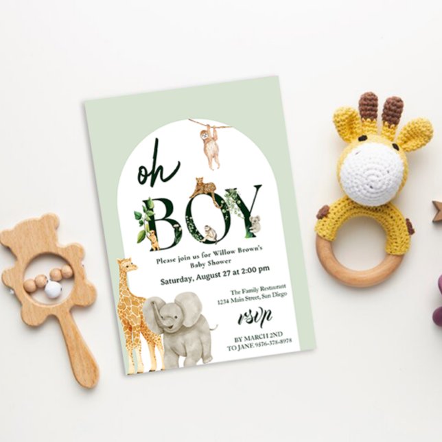  whimsical Safari Animal Jungle Green Baby Shower Invitation (Oh Boy Safari animal baby shower )