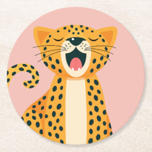 Whimsical Safari Animal Yawning Cheetah Cartoon Round Paper Coaster