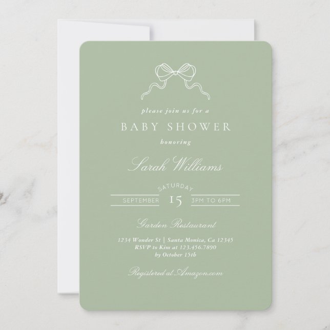 Whimsical Sage Bow Baby Shower invitation (Front)