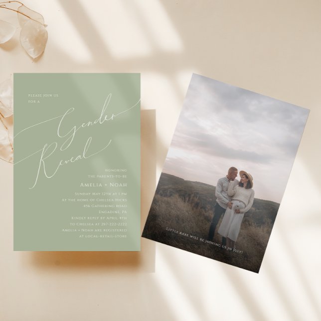 Whimsical Sage Green Baby Gender Reveal Photo Invitation (Creator Uploaded)