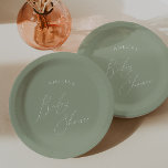 Whimsical Sage Green Baby Shower Paper Plate<br><div class="desc">Introducing our whimsical sage green baby shower paper plates, perfect for your simple modern boho celebration any season of the year! This plate has a boho-chic, gender-neutral vibe with elegant calligraphy and a delicate minimalist design, making it ideal for both girls and boys. Plus, it's editable, so you can add...</div>