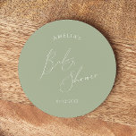 Whimsical Sage Green Baby Shower Round Paper Coaster<br><div class="desc">Introducing our whimsical sage green baby shower round paper coaster, perfect for your simple modern boho celebration any season of the year! This coaster has a boho-chic, gender-neutral vibe with elegant calligraphy and a delicate minimalist design, making it ideal for both girls and boys. Plus, it's editable, so you can...</div>