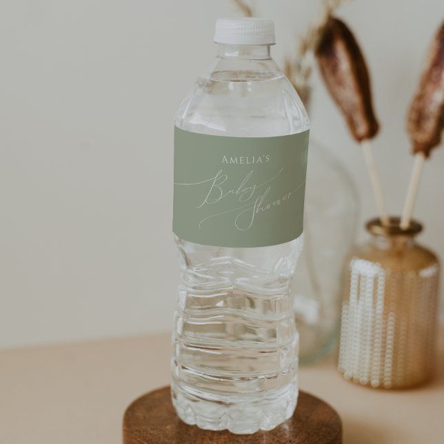 Whimsical Sage Green Baby Shower Water Bottle Label (Creator Uploaded)