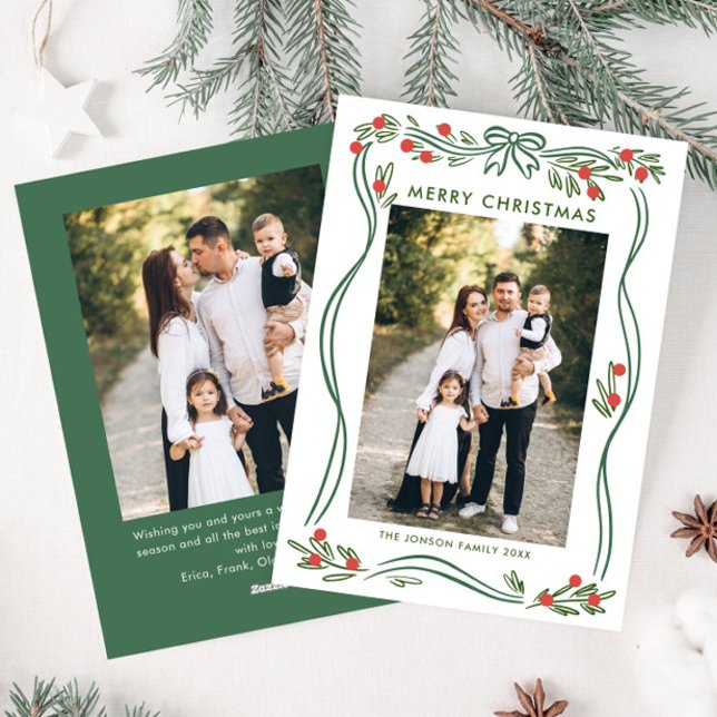 Whimsical Sage Green Christmas Bow Ribbon 2 Photo Holiday Card (Creator Uploaded)