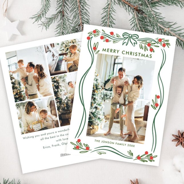 Whimsical Sage Green Christmas Bow Ribbon 5 Photo Holiday Card (Creator Uploaded)
