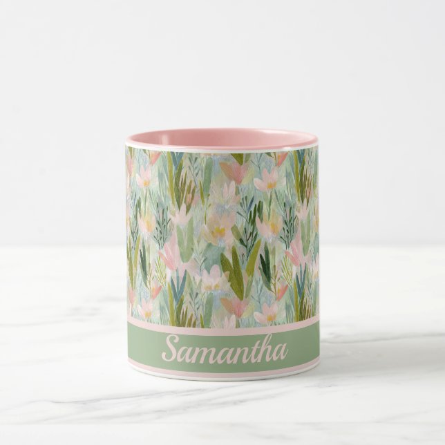 Whimsical Sage Green Floral Personalised  Mug (Center)