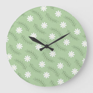Whimsical Sage Green Floral Retro, Cheerful Large Clock