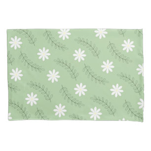 Whimsical Sage Green Floral Retro, Cheerful Pillowcase