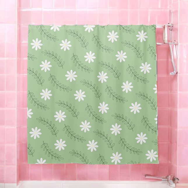 Whimsical Sage Green Floral Retro, Cheerful Shower Curtain (Creator Uploaded)