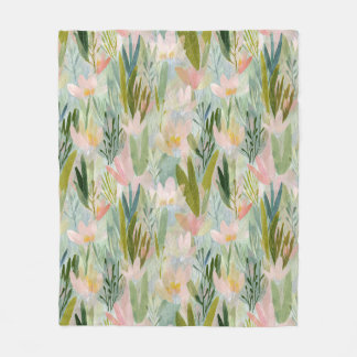 Whimsical Sage Green Floral watercolor Fleece Blanket