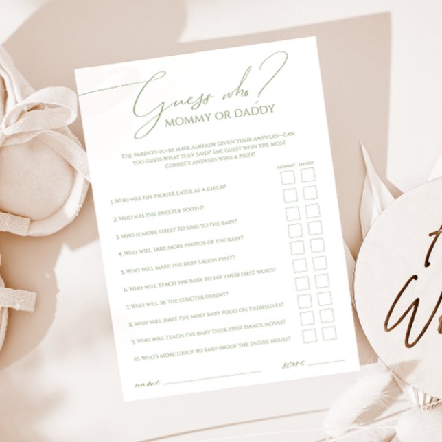 Whimsical Sage Green Guess Who Mummy Or Daddy Card (Creator Uploaded)