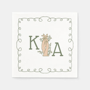 Whimsical Sage Green Initial Trendy Hand Drawn Napkin