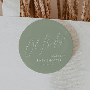 Whimsical Sage Green Oh Baby 6 Cm Round Badge
