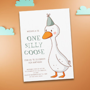 Whimsical Sage Green One Silly Goose 1st Birthday Invitation
