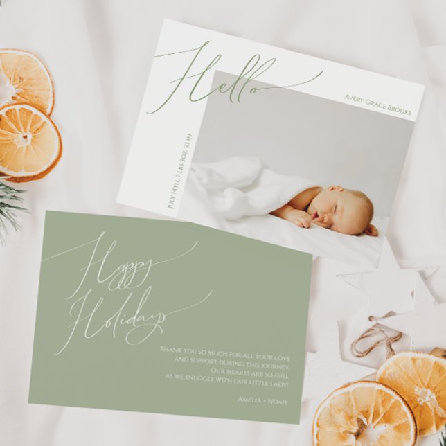 Whimsical Sage Green Thank You Happy Holidays Baby Announcement (Creator Uploaded)