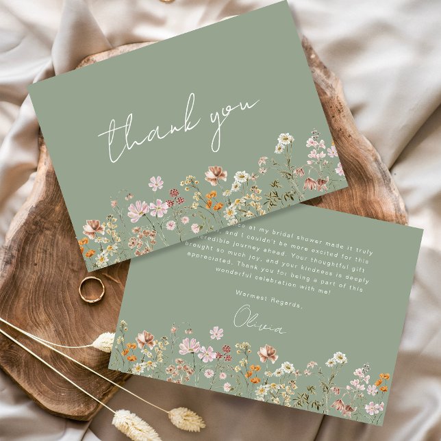 Whimsical Sage Green Wildflower Bridal Shower Thank You Card (Creator Uploaded)