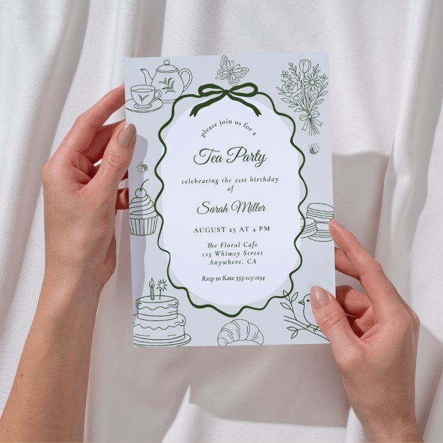 Whimsical Sage Hand Drawn Adult Birthday Tea Party Invitation (Creator Uploaded)