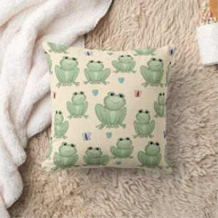 Whimsical Sage Watercolor Frog Pattern Cushion