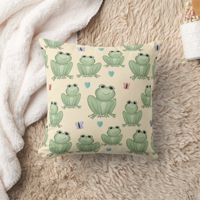 Whimsical Sage Watercolor Frog Pattern Cushion (Blanket)