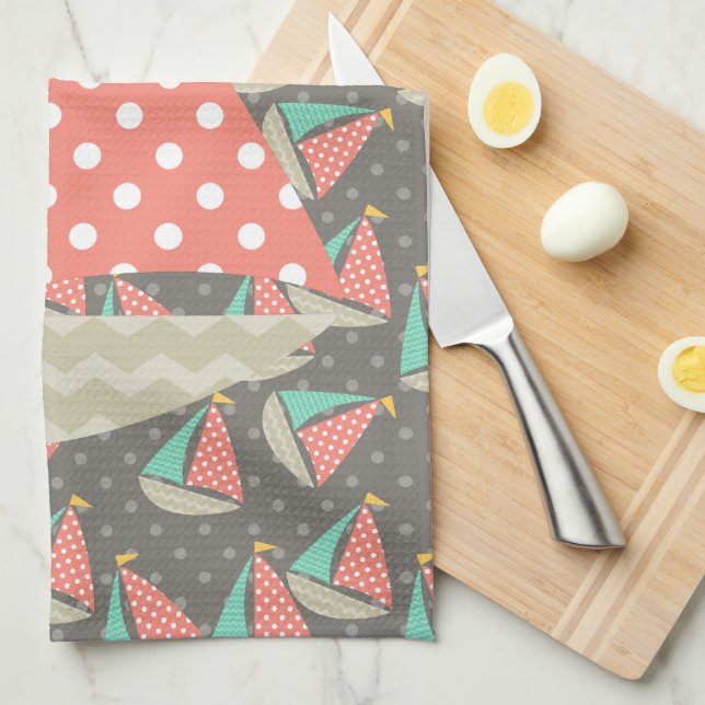 Whimsical Sailboats Tea Towel (Quarter Fold)