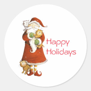 Whimsical Santa and Cats Holiday Classic Round Sticker