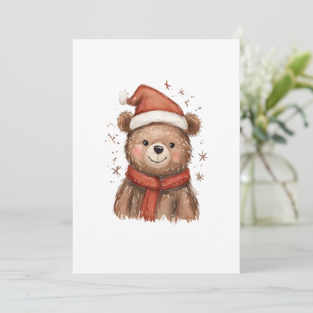 Whimsical Santa Bear with Red Scarf Holiday Card (Standing Front)