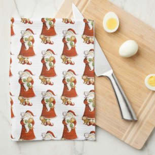 Whimsical Santa & Cats Tea Towel