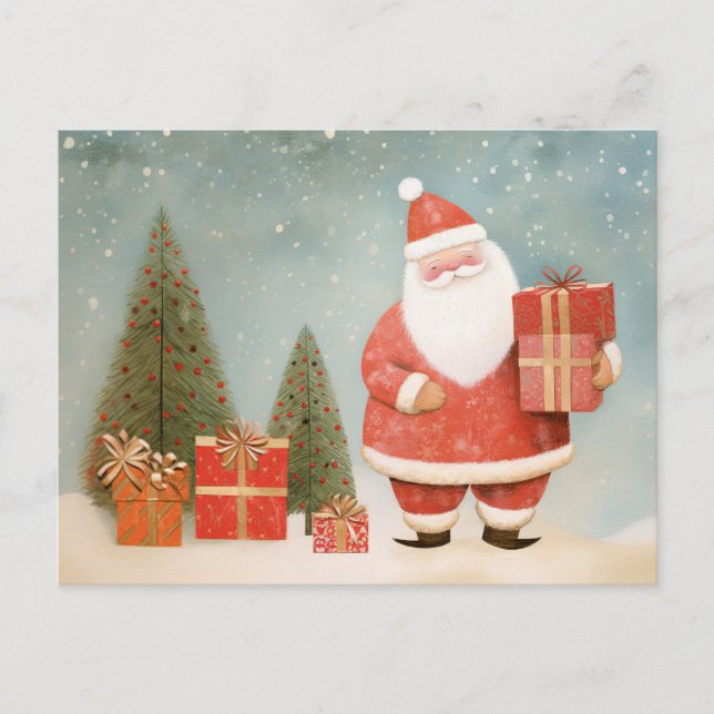 Whimsical Santa Claus with Christmas Tree & Gifts Postcard (Front)