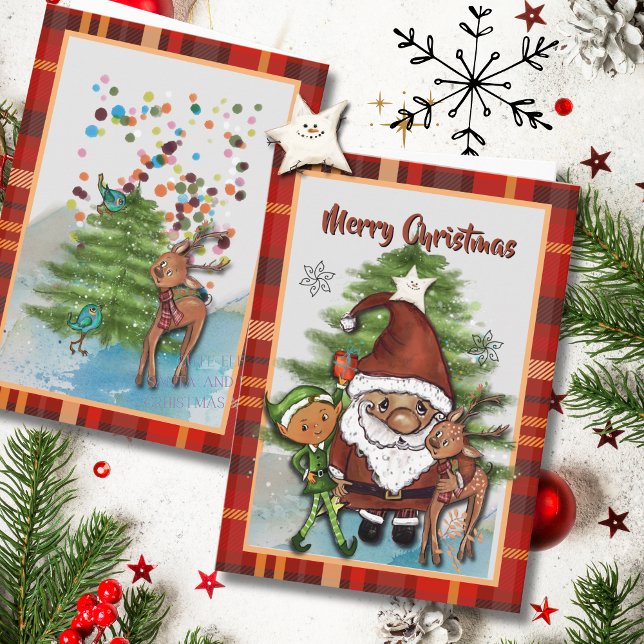 Whimsical Santa, Deer & Elf Boy Plaid Christmas Holiday Card (Whimsical Santa, Deer & Elf Boy Plaid Christmas Holiday Card)