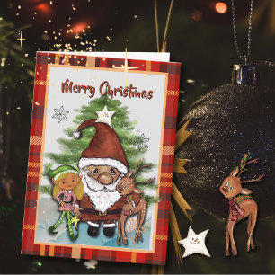 Whimsical Santa, Deer & Elf Plaid Christmas Card 
