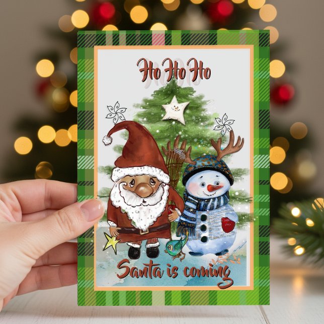 Whimsical Santa, Deer & Elf Plaid Christmas Card (Whimsical Santa, Deer & Elf Plaid Christmas Card)