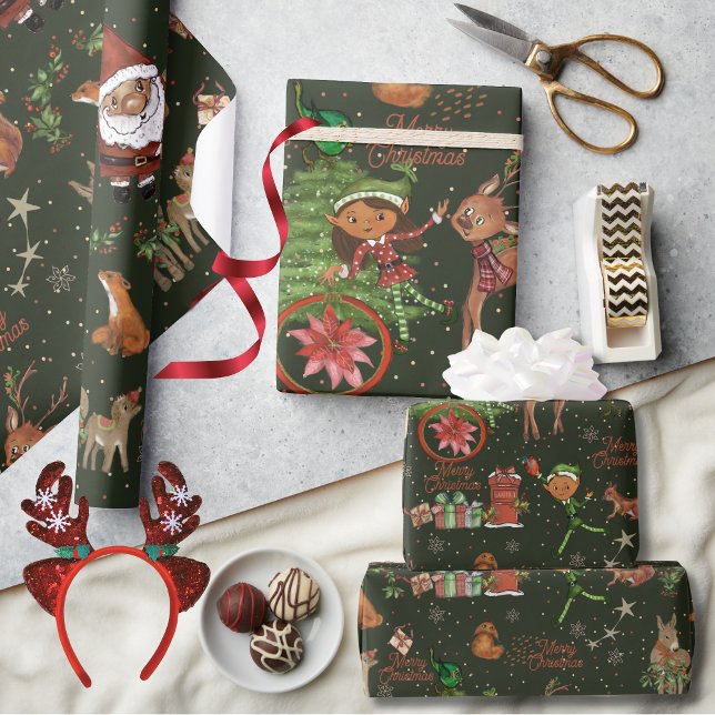 Whimsical Santa Elf & Friends Christmas Green Wrapping Paper (Whimsical Santa Elf & Friends Christmas Green Wrapping Paper)