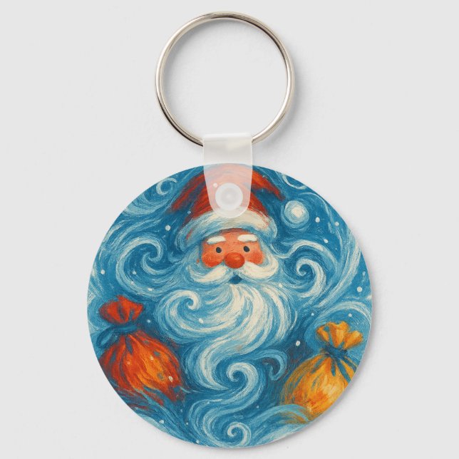 Whimsical Santa in a Swirling Winter Storm Key Ring (Front)