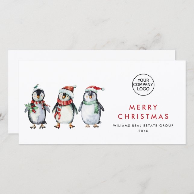 Whimsical Santa Penguins Christmas Corporate Holiday Card (Front/Back)