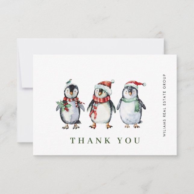 Whimsical Santa Penguins Christmas Corporate Thank You Card (Front)