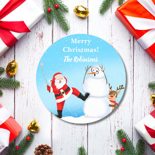 Whimsical Santa Playing Golf, Snowman And Reindeer Classic Round Sticker