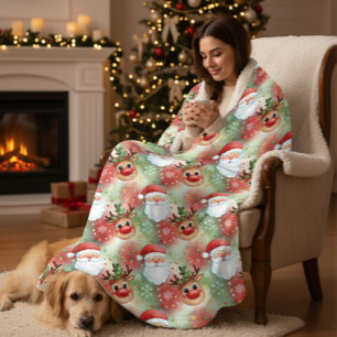 Whimsical Santa & Reindeer Pattern Christmas  Sherpa Blanket
