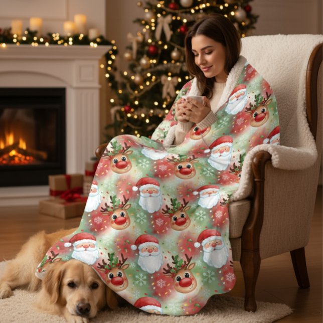 Whimsical Santa & Reindeer Pattern Christmas  Sherpa Blanket (Creator Uploaded)