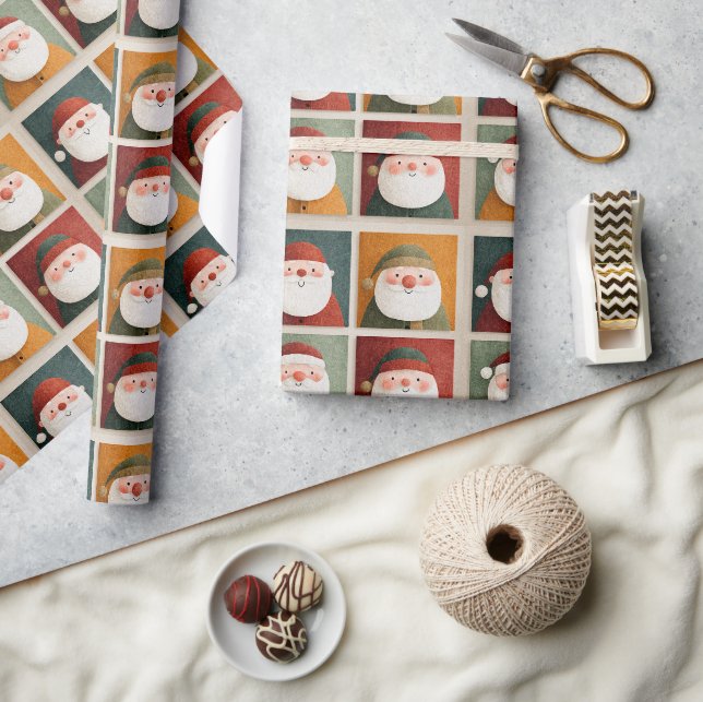 Whimsical Santas in Coloured Squares Wrapping Paper (Crafts)