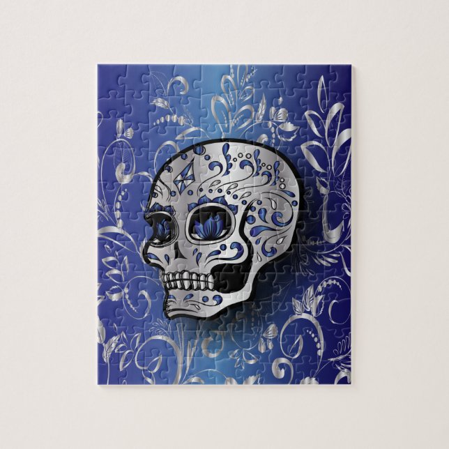 Whimsical sapphire blue and silver skull jigsaw puzzle (Vertical)