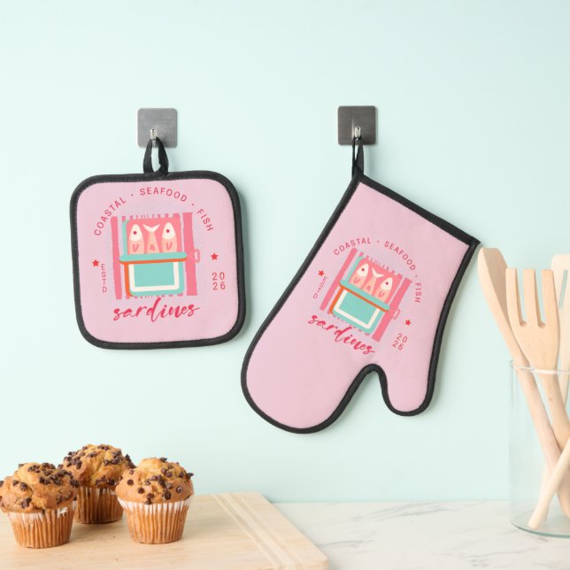 Whimsical Sardines Coastal Beach Pink Oven Mitt & Pot Holder Set (Insitu(Hanging))