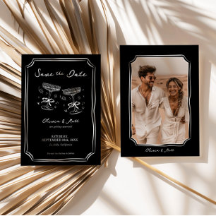 Whimsical Save The Date Champagne with Photo Black Invitation