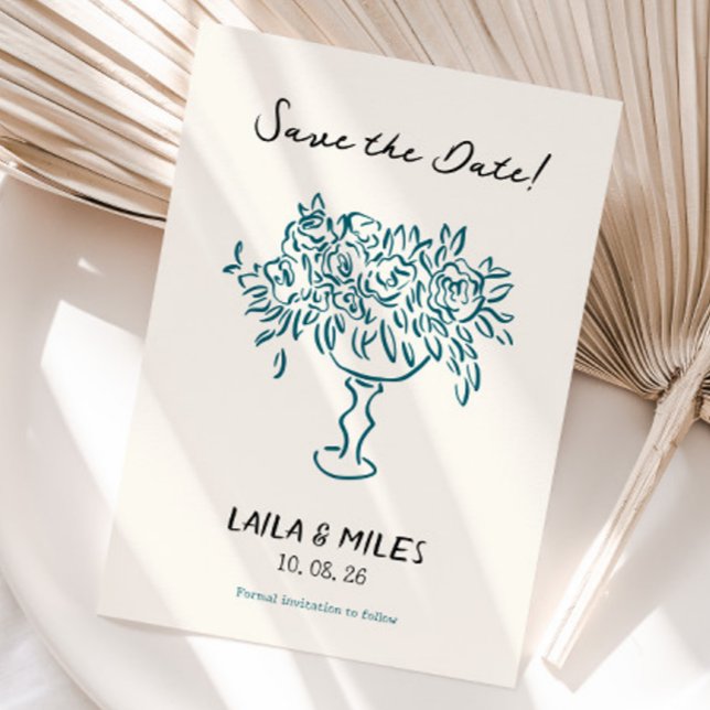 Whimsical Save the date flowers wedding card  (flower vase Save the date wedding invitation)