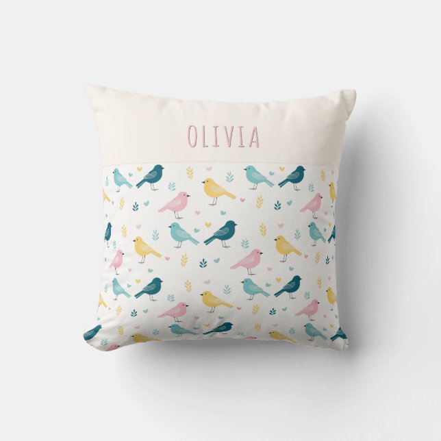 Whimsical Scandi Bird Pattern Personalised Nursery Cushion (Front)