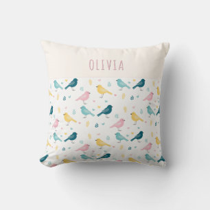 Whimsical Scandi Bird Pattern Personalized Nursery Cushion