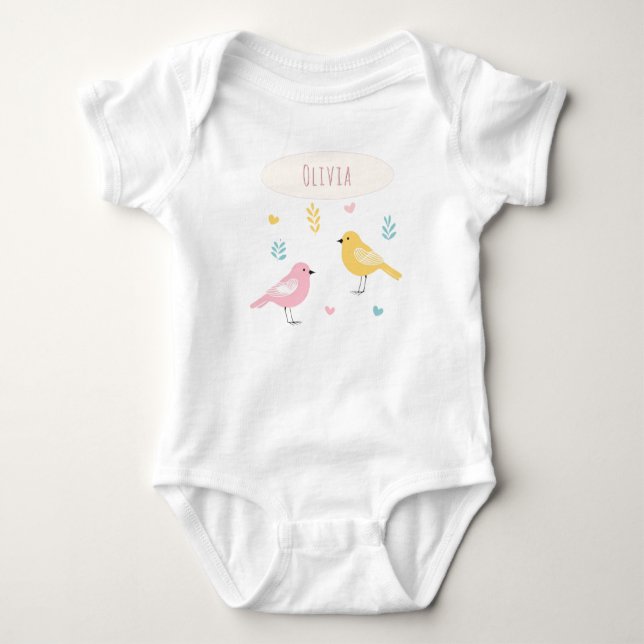 Whimsical Scandi Birds Cute Personalized Baby Bodysuit (Front)